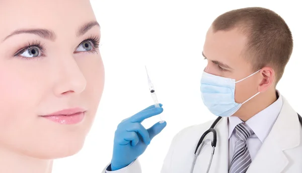 Botox enjeksiyon-doktor veya beautitian maskesi ve mavi eldiven wi — Stok fotoğraf