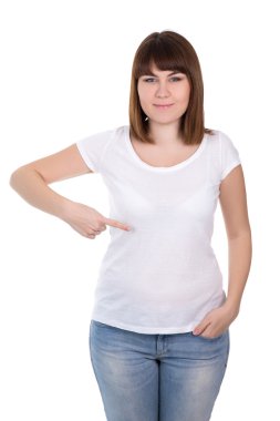 artı boyutu kadın mutlu boş beyaz t-shirt üzerine işaret o izole