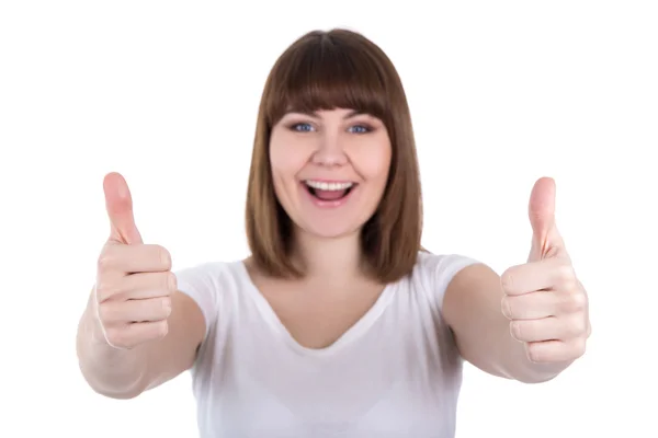 Happy young beautiful plus size woman thumbs up isolated on whit — Stock Photo, Image