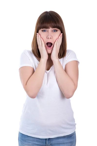 Young beautiful surprised woman isolated on white — Stock Photo, Image