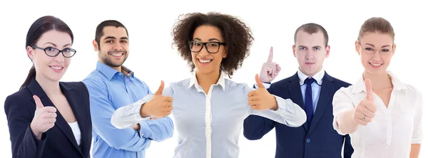 Equipo multicultural de gente de negocios jóvenes feliz aislada en wh — Foto de Stock