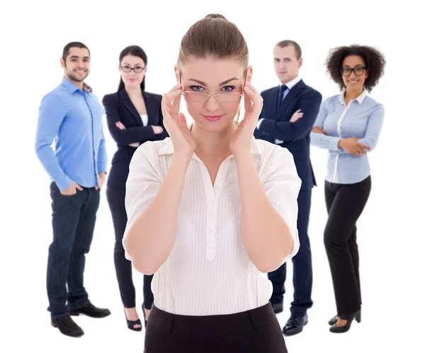 Leadership concept - business woman and her colleagues isolated — Stock Photo, Image