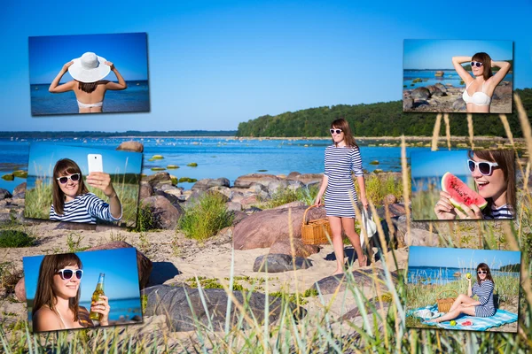 Concepto de vacaciones y viajes - fotos de mujer feliz en la bea —  Fotos de Stock