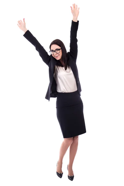 Joyeuse de jeune femme en costume d'affaires isolé sur blanc — Photo