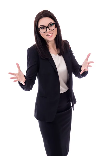 Portrait of cheerful young woman in business suit isolated on wh — Stock Photo, Image