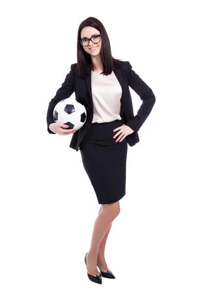 Junge geschäftsfrau mit Fußball isoliert auf weiss — Stockfoto