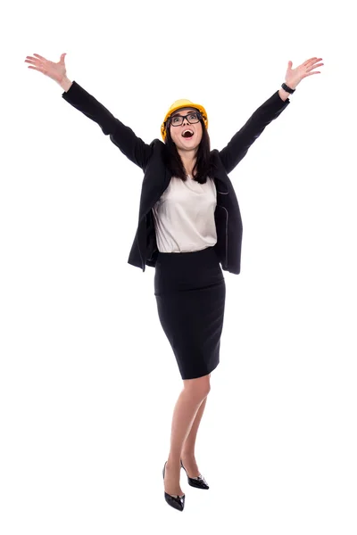 Happy business woman architect in yellow helmet isolated on whit — Stock Photo, Image