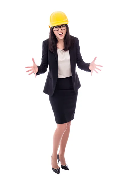 Angry business woman architect in yellow helmet isolated on whit — Stock Photo, Image