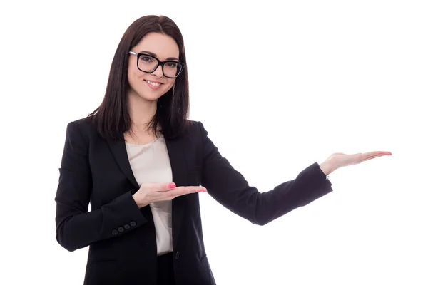 Happy business woman holding or presenting something isolated on — Stock Photo, Image