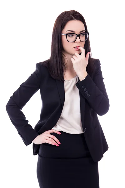 Stressed young business woman biting her finger isolated on whit — Stock Photo, Image