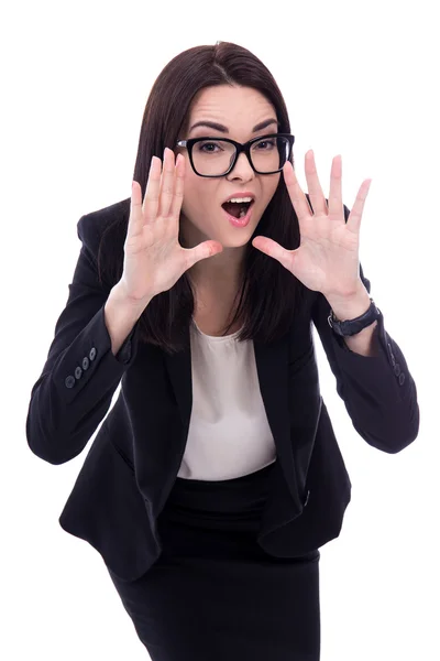 Portret van gestresste jonge zakenvrouw schreeuwen geïsoleerd op — Stockfoto