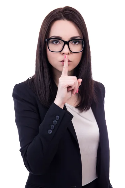 Pretty business woman making silence sign isolated on white — Stock Photo, Image