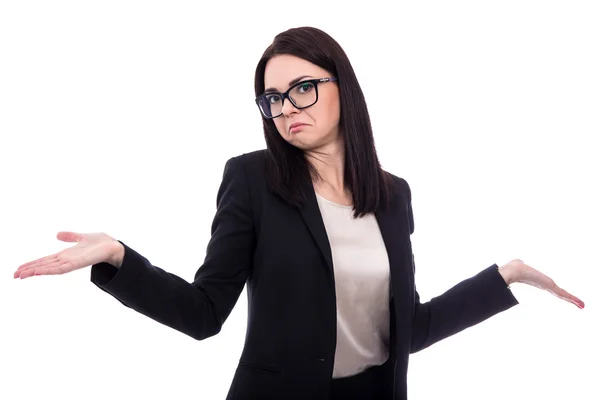 Pretty business woman shrugs shoulders with open palms isolated — Stock Photo, Image