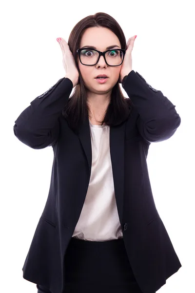 Jonge zakenvrouw die betrekking hebben op haar oren geïsoleerd op whit benadrukt — Stockfoto