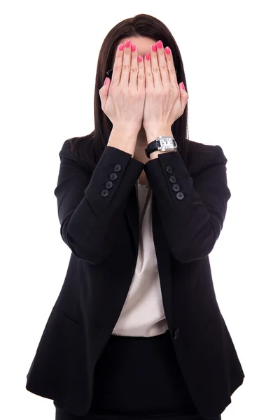 Stressed young business woman crying and covering her face isola — Stock Photo, Image