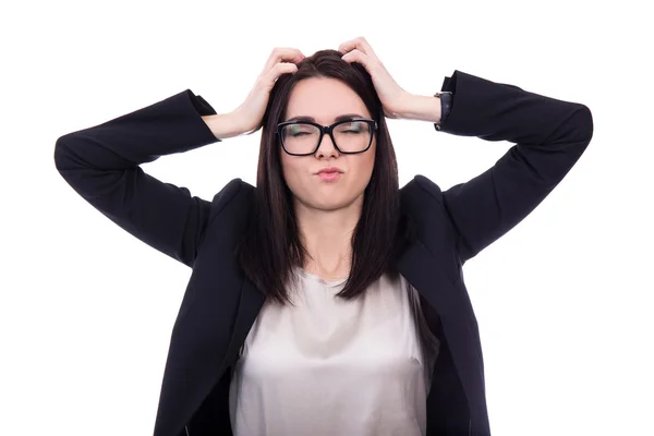 Benadrukt jonge zakenvrouw geïsoleerd op wit — Stockfoto