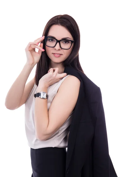 Retrato de mulher de negócios linda segurando a jaqueta dela isolado — Fotografia de Stock