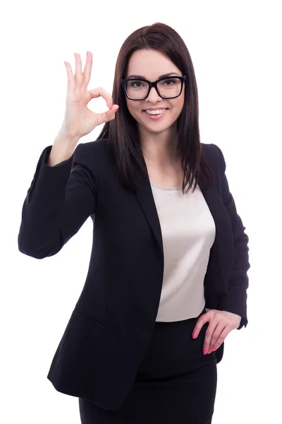 Freudig geschäftsfrau zeigt ok Zeichen isoliert auf weiss — Stockfoto