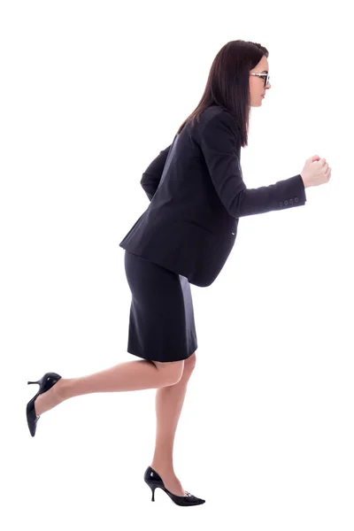 Side view of running young woman in business suit isolated on wh — Stock Photo, Image