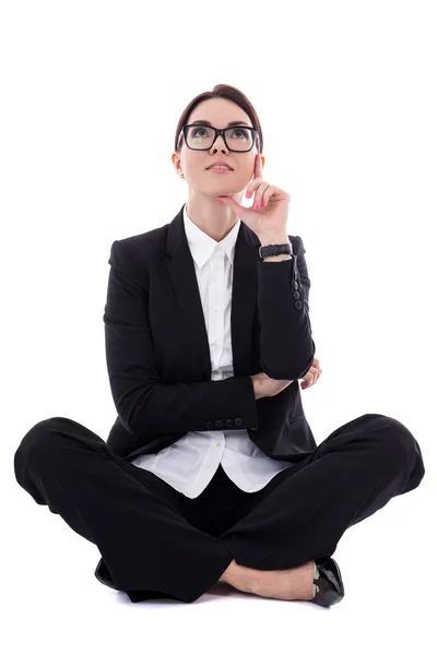 Young beautiful happy business woman sitting and dreaming about — Stock Photo, Image