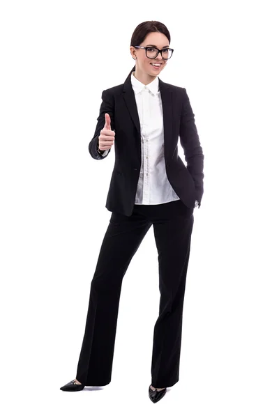 Full length portrait of young beautiful business woman thumbs up — Stock Photo, Image