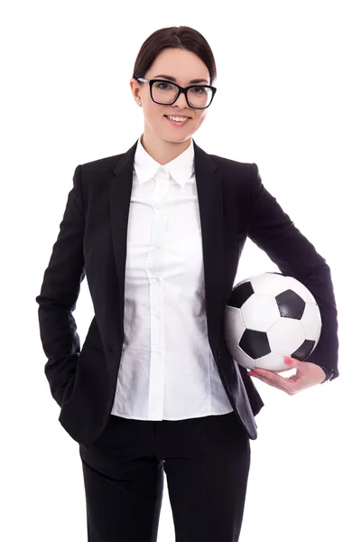 Retrato de mulher jovem belo negócio com bola de futebol é — Fotografia de Stock