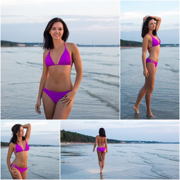 Collage van slanke mooie sportieve vrouw die zich voordeed op het strand — Stockfoto