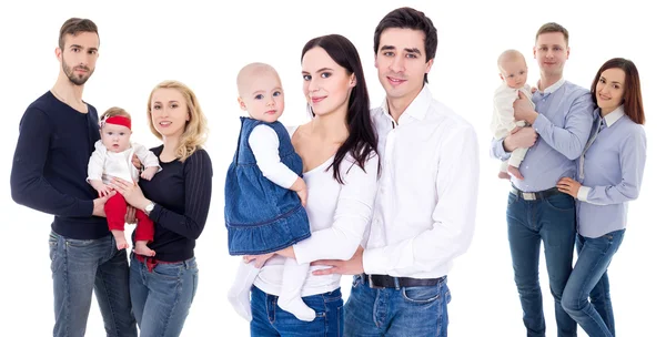 Three happy families with little kids isolated on white — Stock Photo, Image