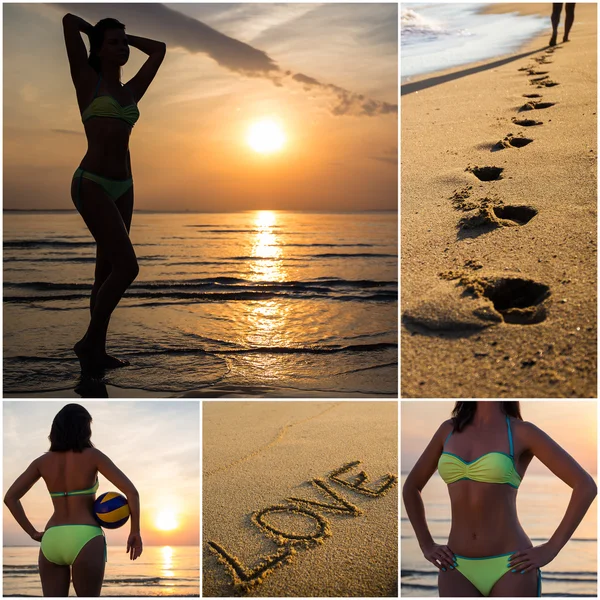 Collage di sottile della donna sulla spiaggia di estate — Foto Stock