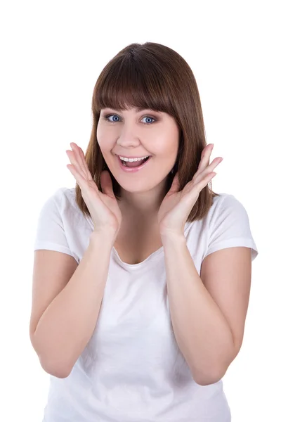 Portrait of young beautiful surprised woman isolated on white — Stock Photo, Image