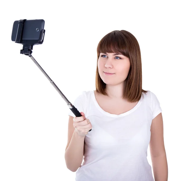 Mulher bonita jovem feliz tendo selfie fotografia telefone inteligente eu — Fotografia de Stock