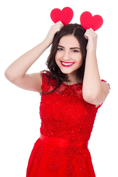 Retrato de mulher engraçada bonito vestido vermelho segurando dois papel ouvir — Fotografia de Stock