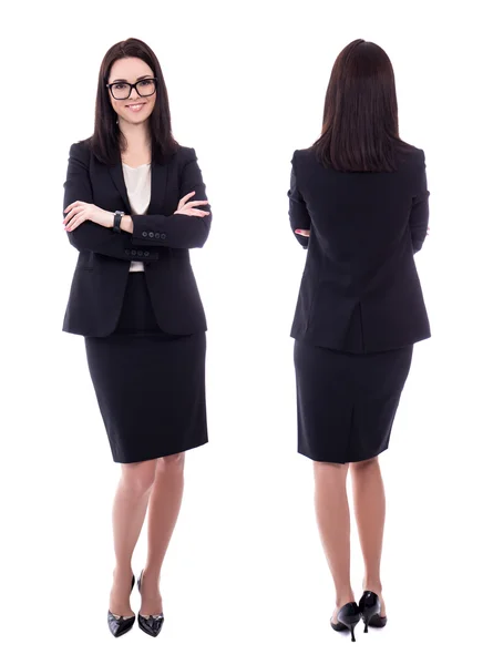 Vorder- und Rückseite Blick auf junge Frau im Business-Anzug isoliert auf — Stockfoto