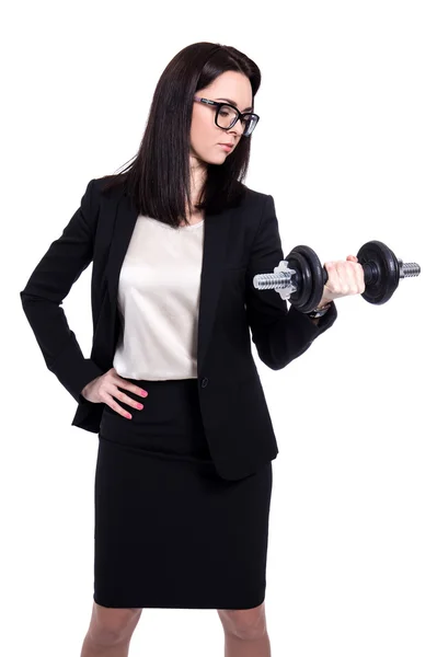 Conceito de trabalho duro - mulher de negócios com halteres isolado no whi — Fotografia de Stock