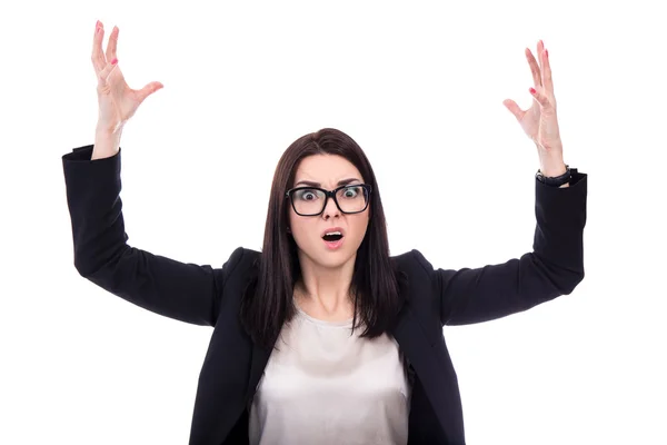 Portrait of stressed business woman screaming isolated on white — Stock Photo, Image