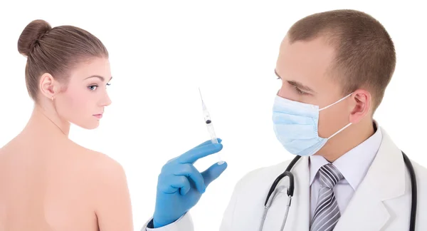 Plastic surgery - doctor or beautitian in mask and blue gloves w — Stock Photo, Image