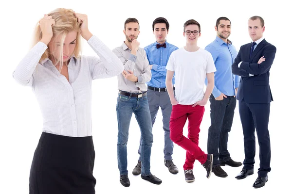 Stressed business woman and her collegues isolated on white — Stock Photo, Image