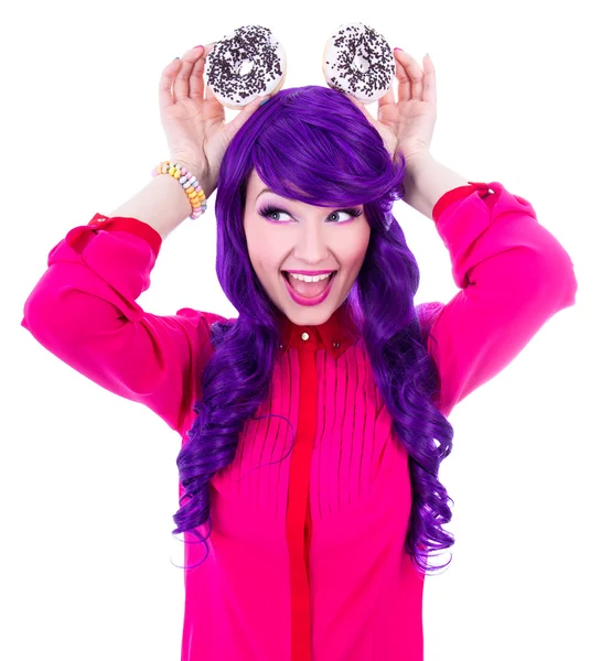 Funny woman with purple hair and two donuts isolated on white — Stock Photo, Image