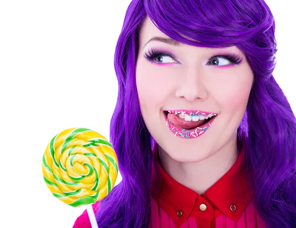 Close up portrait of young beautiful woman with purple hair, lol — Stock Photo, Image