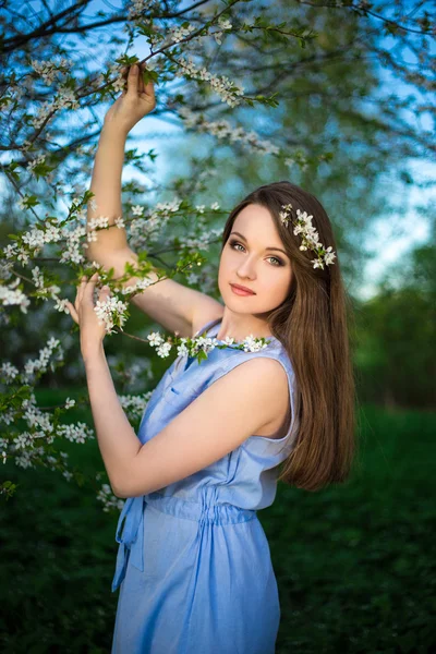 Mladá žena s kvetoucí třešeň strom v jarní zahradě — Stock fotografie