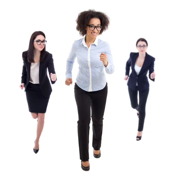 Deadline concept - front view of running business women isolated — Stock Photo, Image