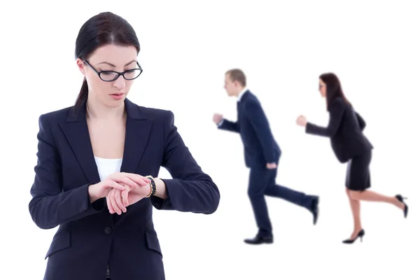 Deadline concept - business woman boss checks time on wrist watc — Stock Photo, Image