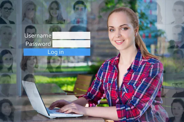 Internet and social media concept - girl with laptop, login pane — Stock Photo, Image