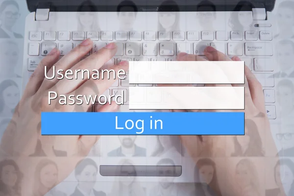 Sociala nätverk koncept - inloggningsrutan, människor ansikten och händer på ke — Stockfoto