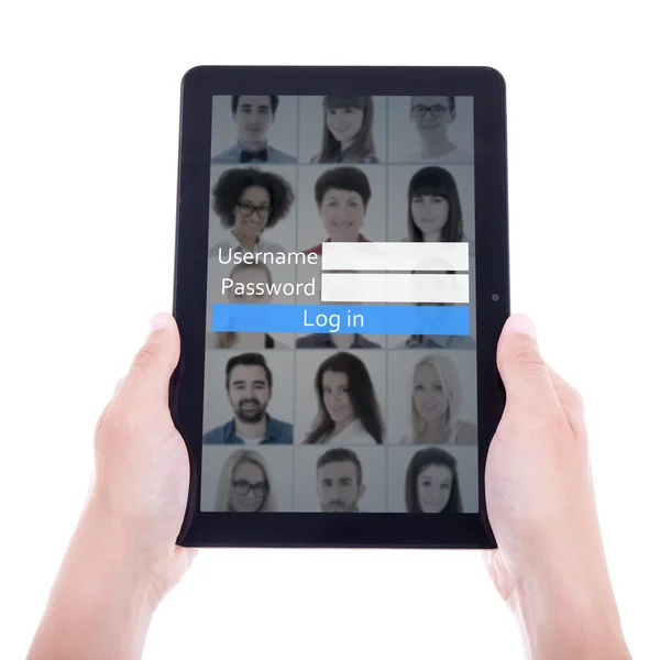 Concepto de inicio de sesión de red social - pc de la tableta en mano aislado en wh — Foto de Stock