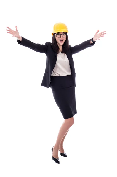 Concepto de éxito - negocio feliz mujer arquitecto en cascos amarillo —  Fotos de Stock