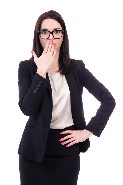 Surprised or frightened business woman isolated on white — Stock Photo, Image