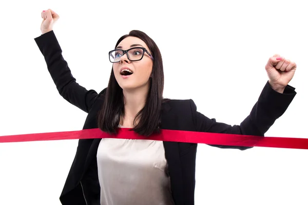 Running business woman crossing finish line isolated on white — Stock Photo, Image