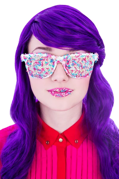 Portrait of beautiful woman with purple hair and glasses covered — Stock Photo, Image