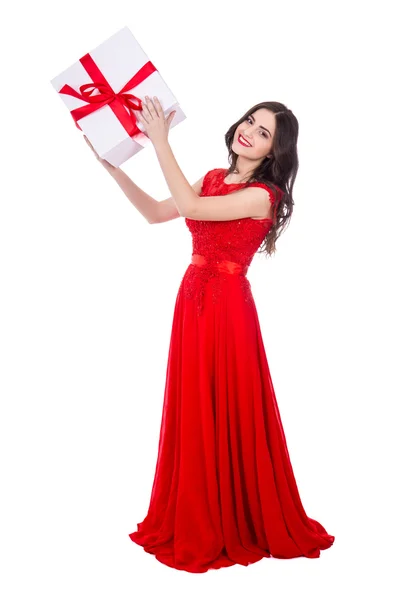 Retrato de comprimento total de uma jovem mulher bonita no vestido vermelho com — Fotografia de Stock